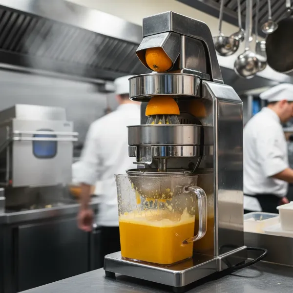 A robust stainless steel commercial citrus juicer in a busy cafe setting, designed for high volume.