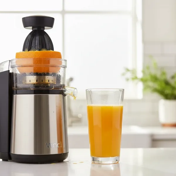 A glass full of fresh orange juice next to the Vinci juicer, with a visibly dry, squeezed orange rind.