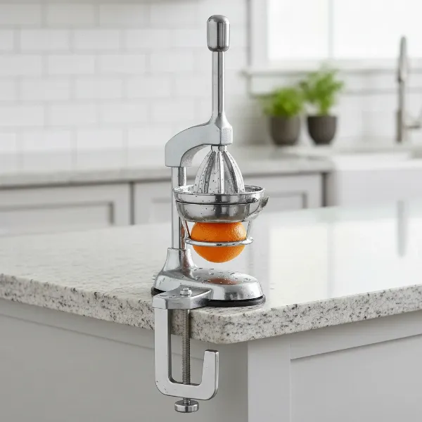 Hilton Creek manual juicer securely clamped to a countertop, highlighting its stainless steel and stability.