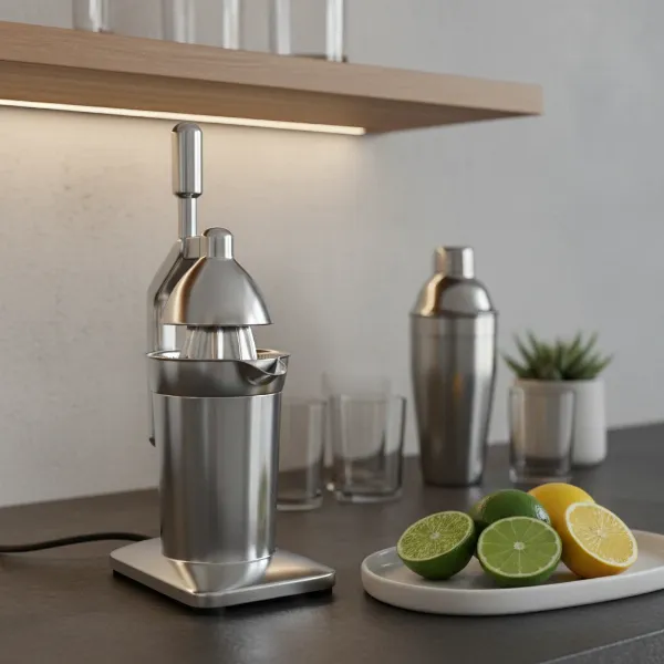 A sleek, compact manual citrus juicer on a stylish home bar setup, ready for cocktail making