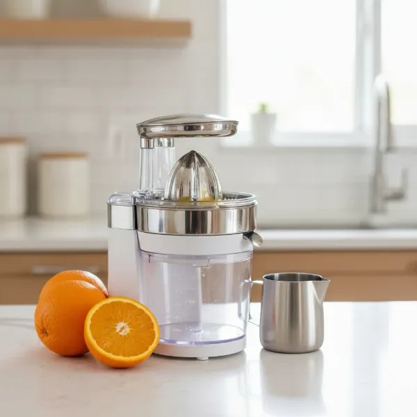A compact electric home citrus juicer on a kitchen counter, ready for personal use.