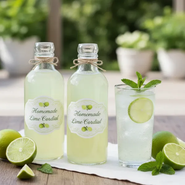 Homemade lime cordial in labeled glass bottles, with a refreshing drink made from the cordial and garnishes.