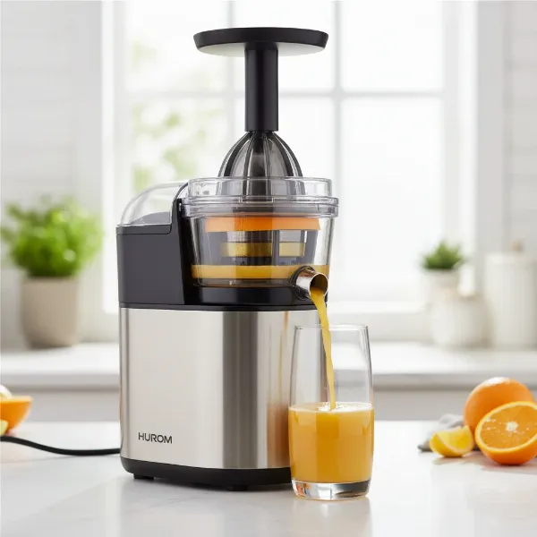 A close-up of a Hurom CJ Citrus Juicer in operation, with an orange half being pressed on the reamer, and fresh juice flowing into a glass below. The scene is bright and clean, highlighting the juicer's elegant design and efficiency.