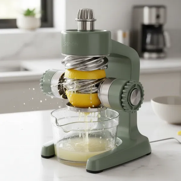 A close-up of the Joseph Joseph Helix Citrus Juicer demonstrating its unique twisting mechanism in action.
