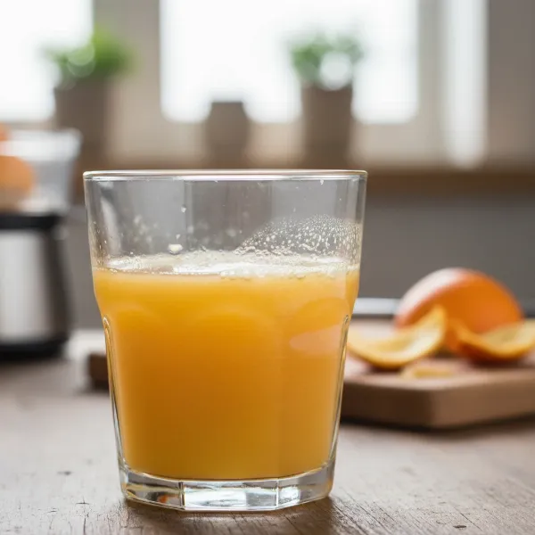 Freshly squeezed juice undergoing oxidation, showing changes in color and bubbles from air exposure.