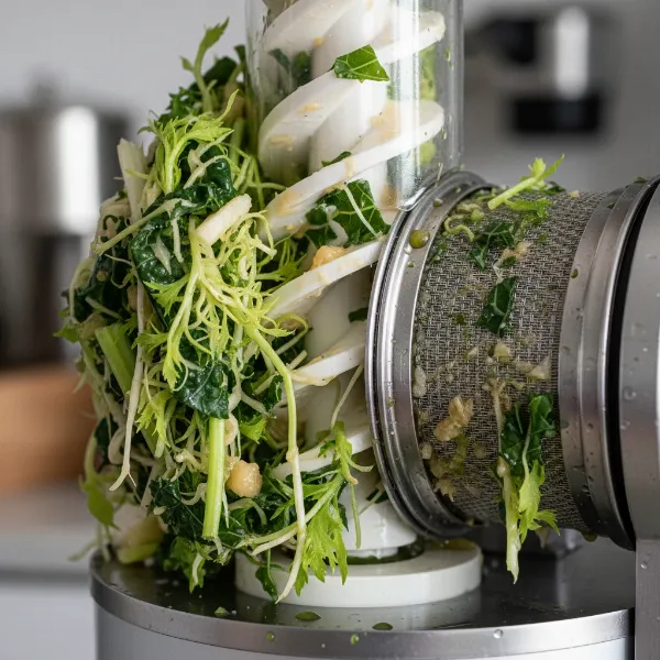 Close-up of a masticating juicer auger and screen clogged with fibrous fruit and vegetable pulp.