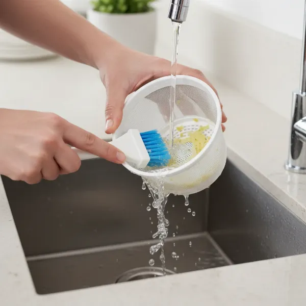 Close-up of hands cleaning a juicer part with a brush, focusing on the ease of cleaning a drip-stop juicer.