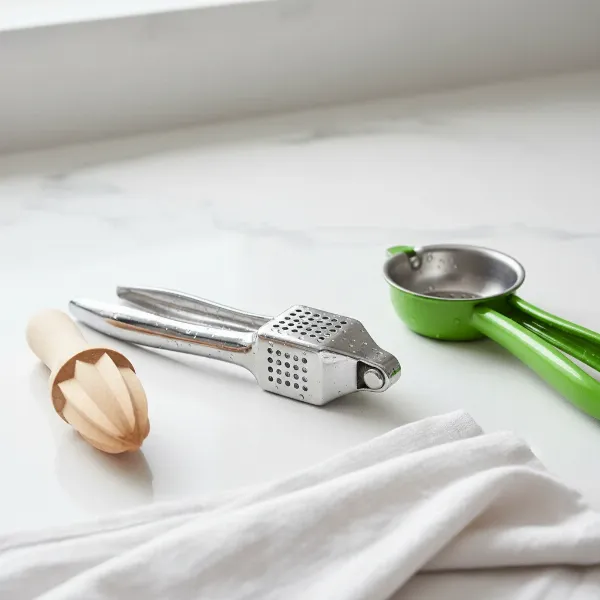 Clean juicing tools, including a garlic press, handheld squeezer, and reamer, laid out on a clean kitchen counter after use.