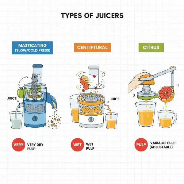 Diagram illustrating how masticating, centrifugal, and citrus juicers process pulp.