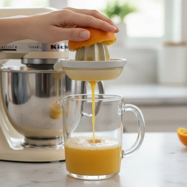 Hands pressing a half orange onto the spinning KitchenAid citrus juicer reamer.