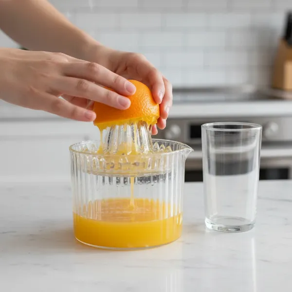 person juicing an orange with a Hario-style glass juicer, fresh juice flowing into reservoir