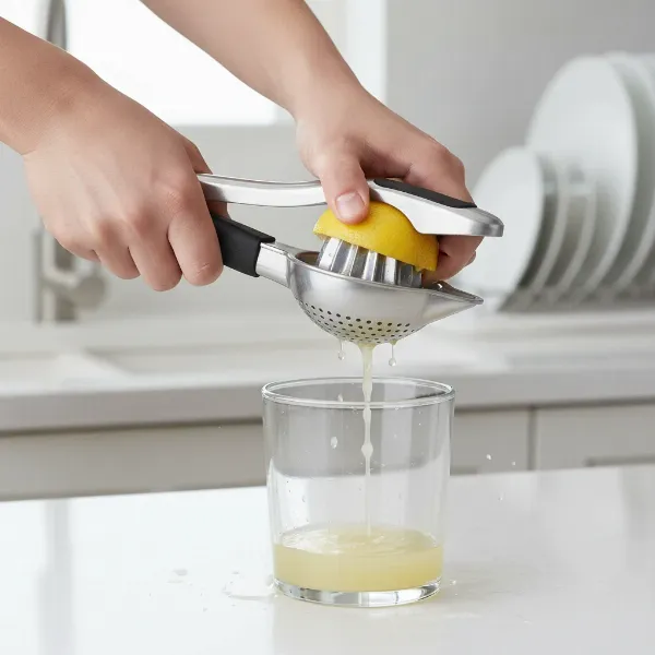 Hands demonstrating the Zulay Metal Lemon Squeezer extracting juice from a halved lemon over a glass.
