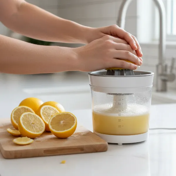 Hands operating an electric citrus juicer to extract juice from multiple lemons for a large batch.