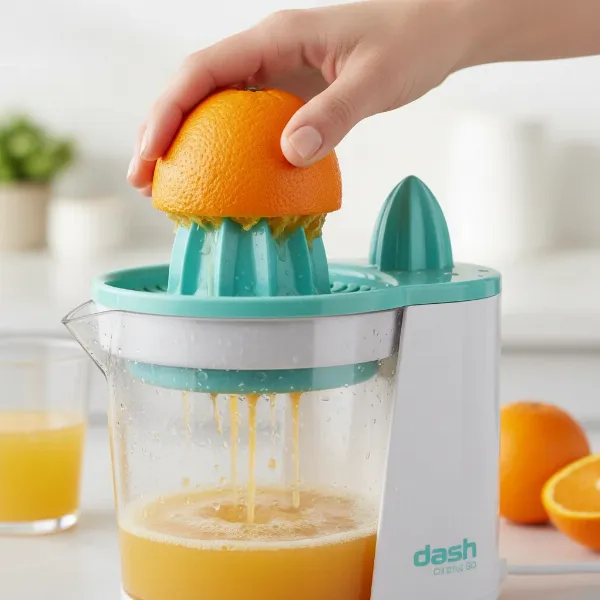 A hand juicing an orange on a Dash Go Dual Citrus Juicer with juice collecting.