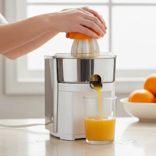 Person using Omega C-10W Professional Citrus Juicer to extract juice from an orange in a modern kitchen
