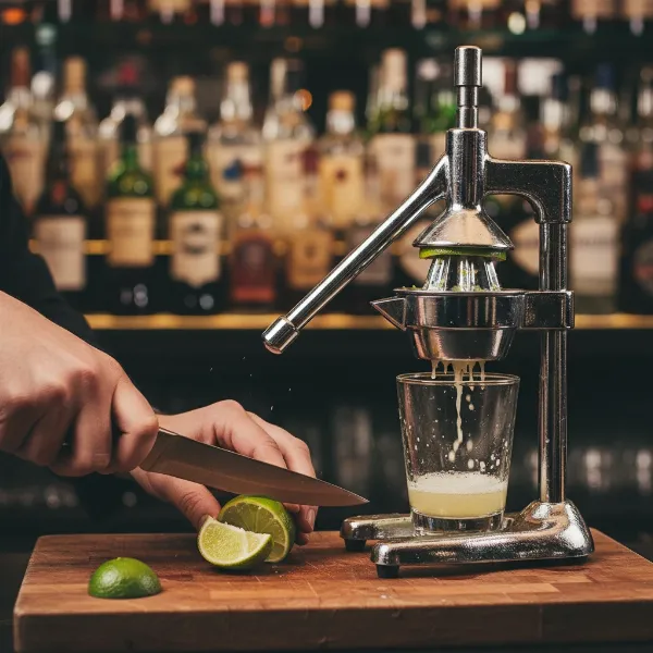 A professional bartender demonstrating correct citrus juicing technique with a manual lever press juicer in a well-lit bar setting.