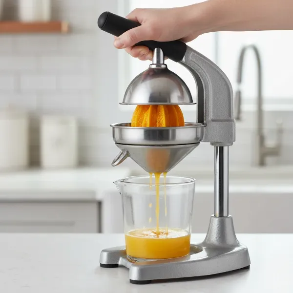 Manual citrus juicer in action, showing easy operation and removable parts for cleaning