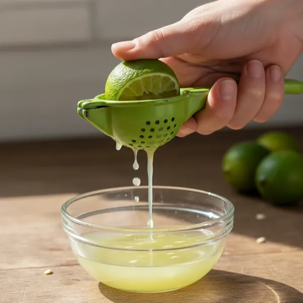 A hand holding a small green handheld citrus squeezer with a cut key lime inside, pressing juice into a glass bowl.