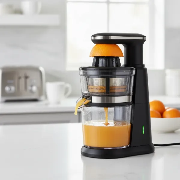 A sleek KitchenAid Go Cordless Citrus Juicer in action, squeezing an orange on a modern kitchen island, emphasizing its cord-free design and portability.