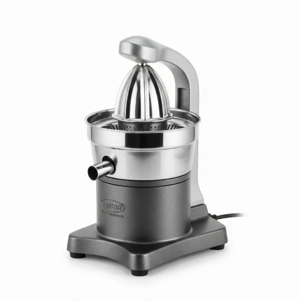 A Lacor professional electric citrus juicer, showcasing its robust stainless steel and cast iron design.