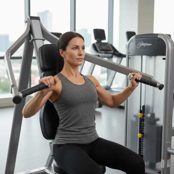 A person performing a lever-arm chest press with good form, demonstrating joint support.