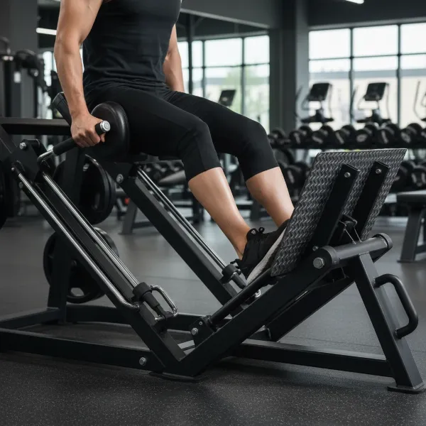A close-up of a person using a lever-arm leg press machine, focusing on knee and hip support.