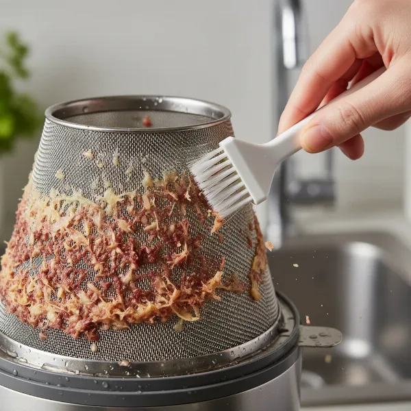Close-up of Magimix Le Duo Plus XL juicer sieve, highlighting pulp residue after use, demonstrating cleaning difficulty