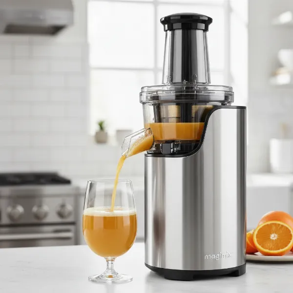 Magimix Le Duo Plus XL juicer with various attachments for diverse juicing needs, sleek kitchen counter