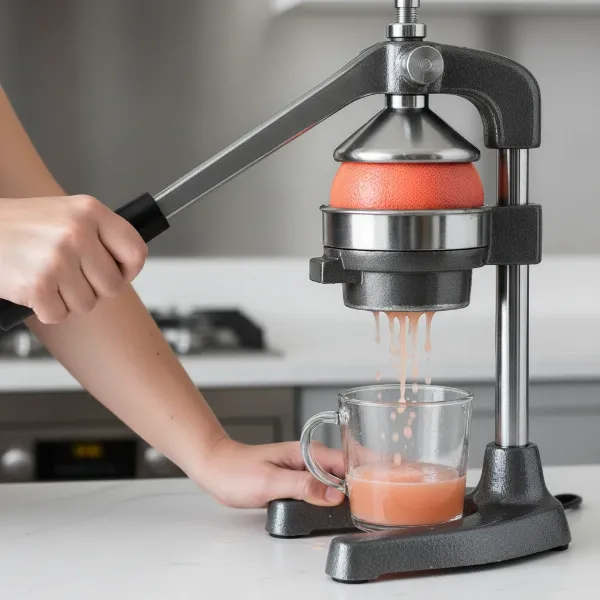 Person using a heavy-duty manual lever press to extract juice from a large grapefruit.