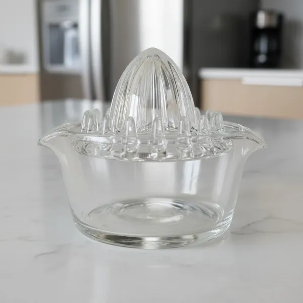 close-up manual glass citrus juicer showing reamer, reservoir, and pour spout on kitchen counter
