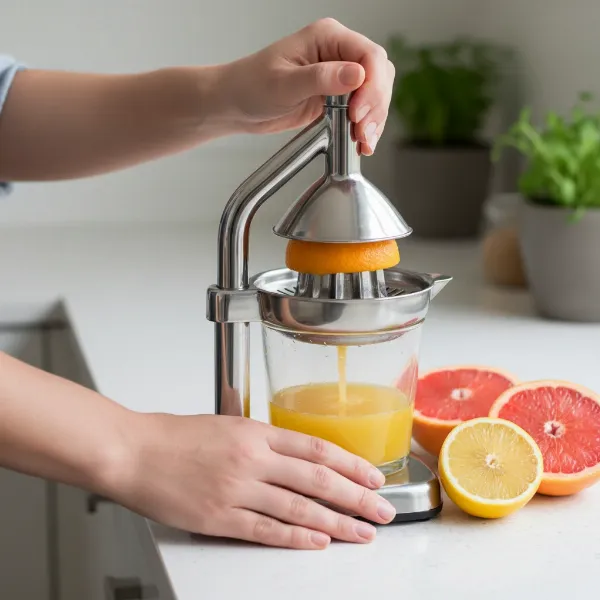 Person demonstrating proper, steady technique when pressing a manual citrus juicer for optimal juice extraction.