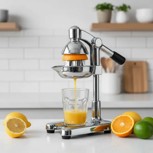 Elegant chrome manual lever press citrus juicer on kitchen counter, extracting juice from an orange.