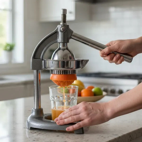 A person with mild hand issues using a manual lever-press juicer on a countertop with ease.