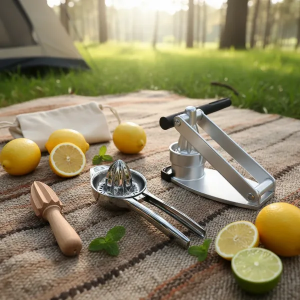 A collection of manual travel citrus juicers in an outdoor setting, showcasing different types.