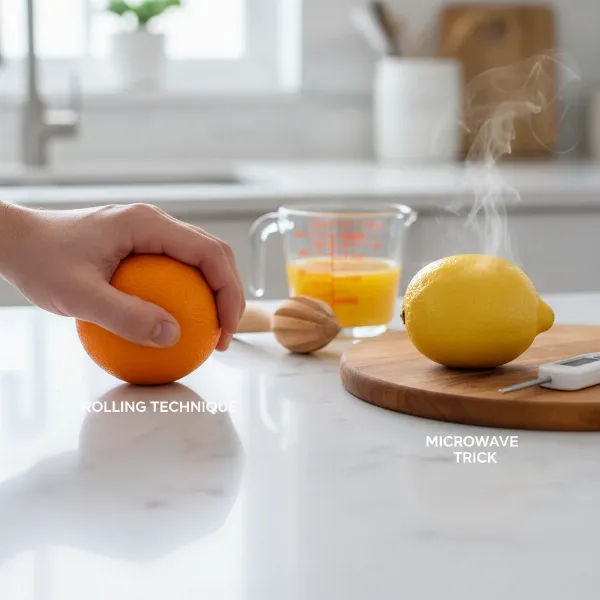 A hand rolling a whole orange on a counter next to a microwaved lemon ready for juicing.