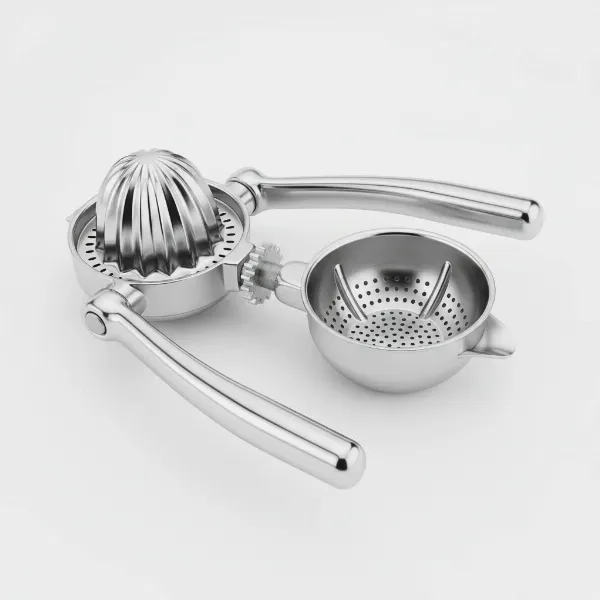 A detailed view of a Mexican elbow juicer, showing its hinged arms, domed press, and perforated basin.