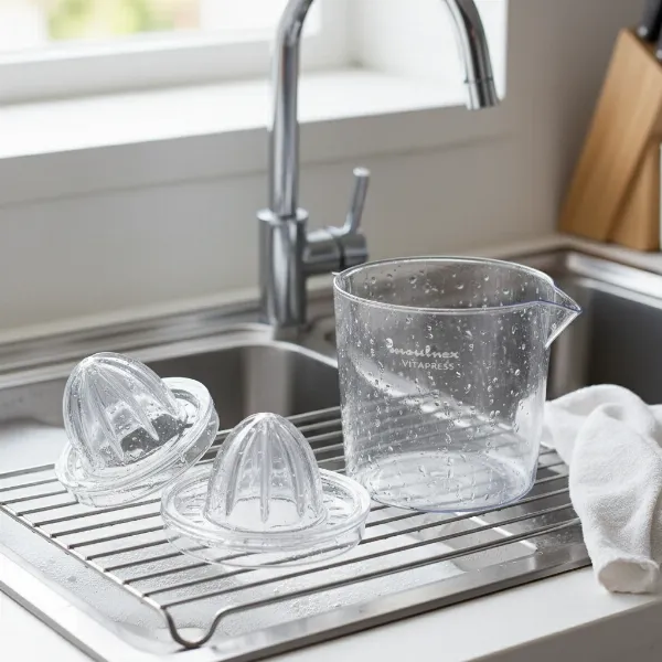 A clean Moulinex Vitapress citrus juicer with its detachable parts laid out for easy washing, emphasizing its hygiene.