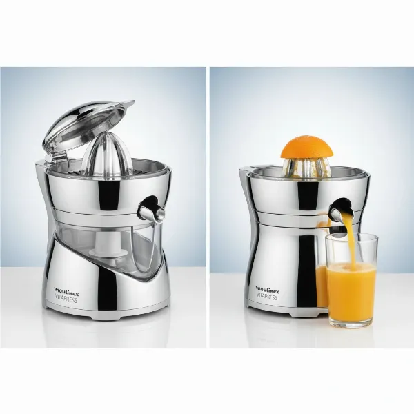 Two different Moulinex Vitapress citrus juicer models, one with a jug and one direct serve, side-by-side to illustrate their differences.