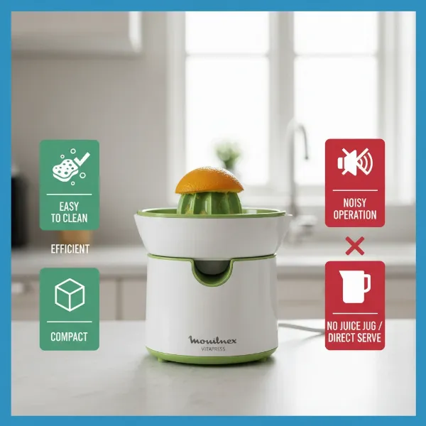 A graphic representation of the Moulinex Vitapress citrus juicer with balanced elements indicating its advantages and disadvantages.