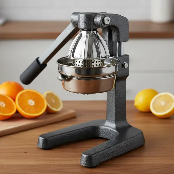 A close-up of the Olympia Manual Citrus Juicer showcasing its cast iron base and stainless steel components, highlighting durability and design.