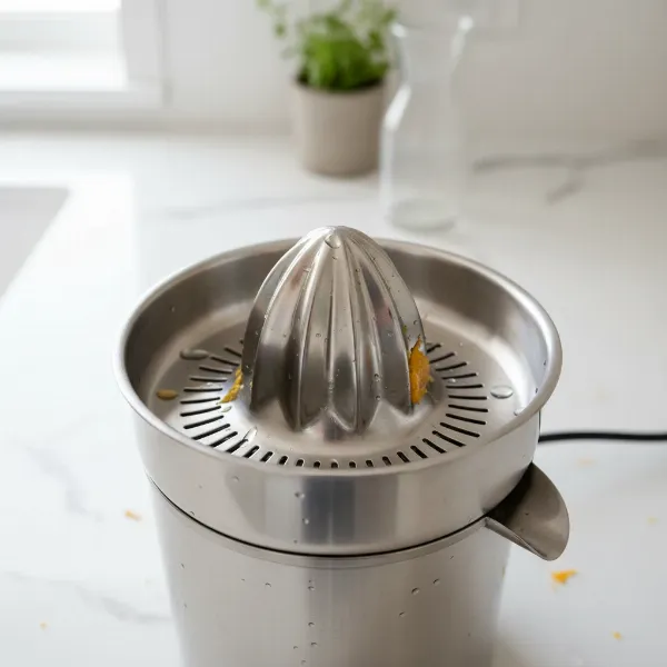 Close-up of Omega C-10W Professional Citrus Juicer showing its surgical stainless steel bowl and reaming cone for efficient juicing