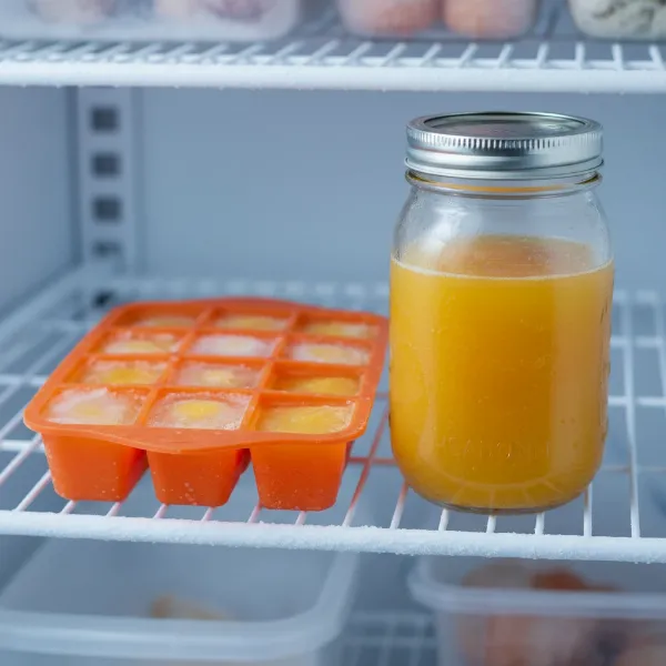 Frozen orange juice in silicone ice cube trays and a freezer-safe jar.