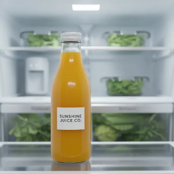 Freshly squeezed orange juice stored in an airtight glass container in a refrigerator.