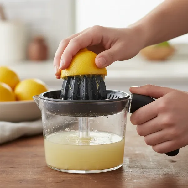 Person actively juicing a lemon or orange with the OXO Good Grips 2-in-1 Citrus Juicer, showing ergonomic grip