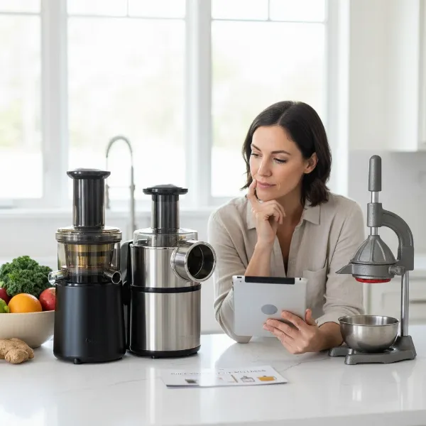 A person contemplating different juicer options on a kitchen counter, emphasizing choice.