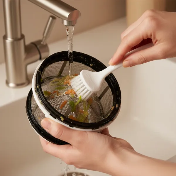Person thoroughly cleaning a disassembled juicer screen with a small brush under running water.