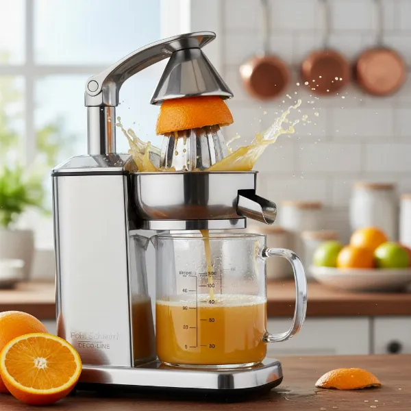 Pohl Schmitt Deco-Line electric citrus juicer in action, squeezing an orange