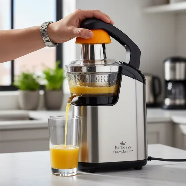 Woman juicing an orange with a Princess Champion Juicer Pro, powerful lever press.