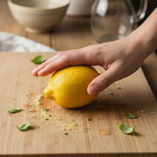 Hand rolling a whole lemon firmly on a wooden cutting board to soften it for maximum juice extraction.