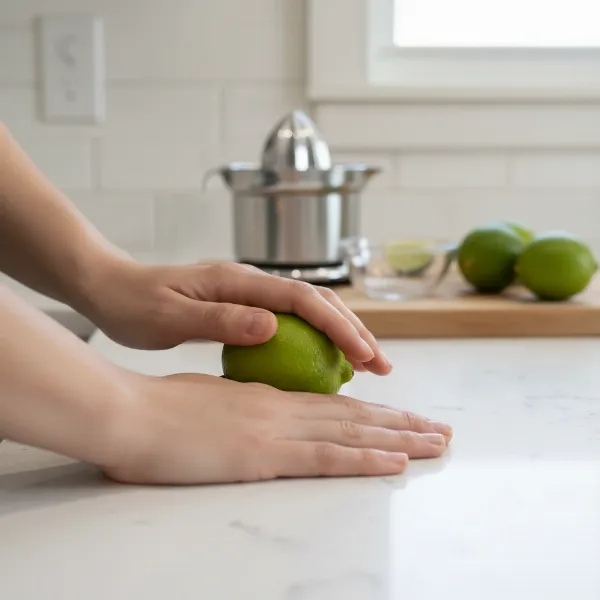 A person rolling a whole lime on a clean kitchen countertop to soften it before juicing.